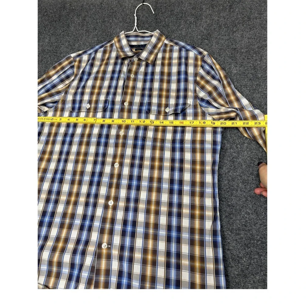 Perry Ellis Button Down Shirt Mens Medium Blue Brown Plaid Slim Fit Long Sleeve